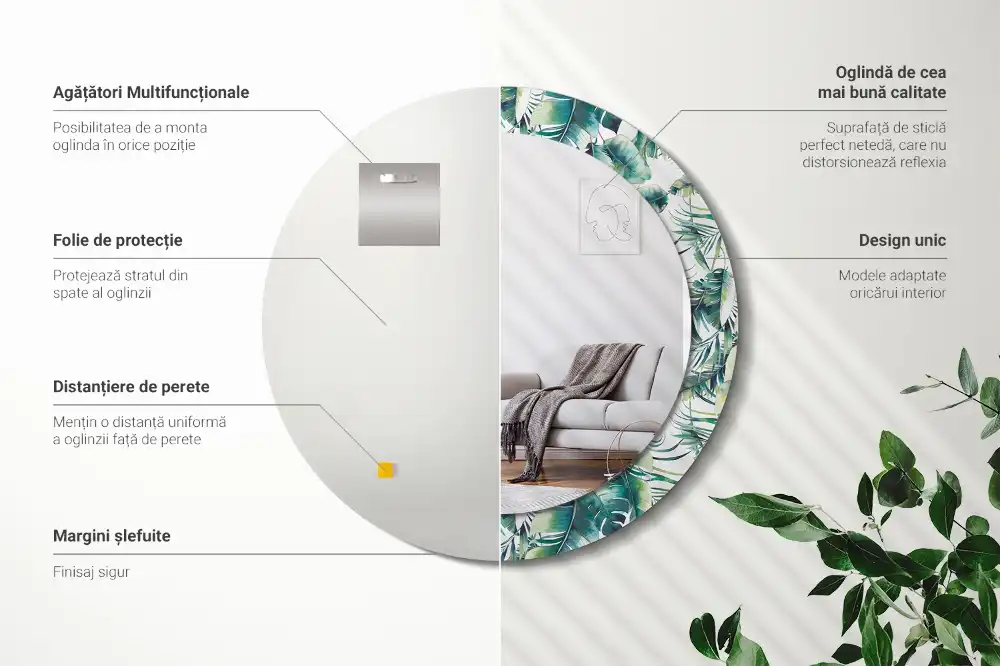 Miroir rond cadre avec impression feuilles