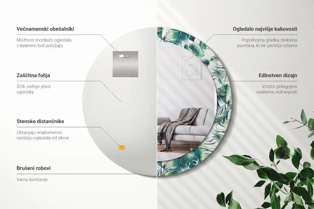 Miroir rond cadre avec impression feuilles
