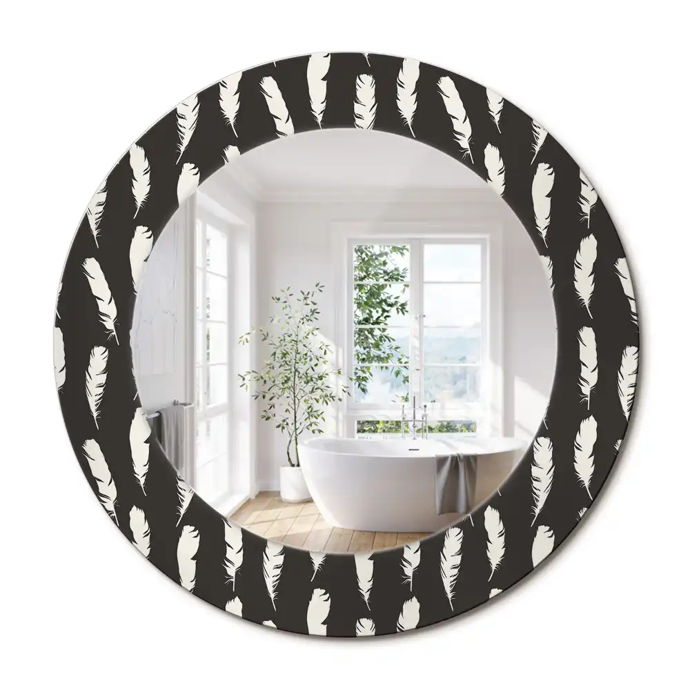 Miroir rond cadre avec impression plumes noires et blanches
