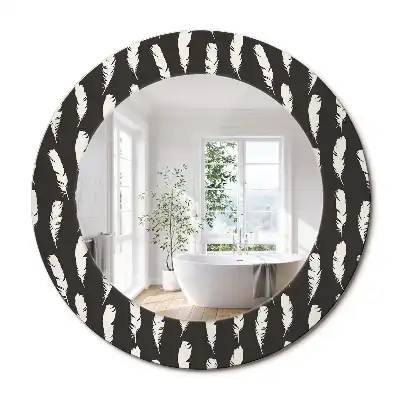 Miroir rond cadre avec impression plumes noires et blanches