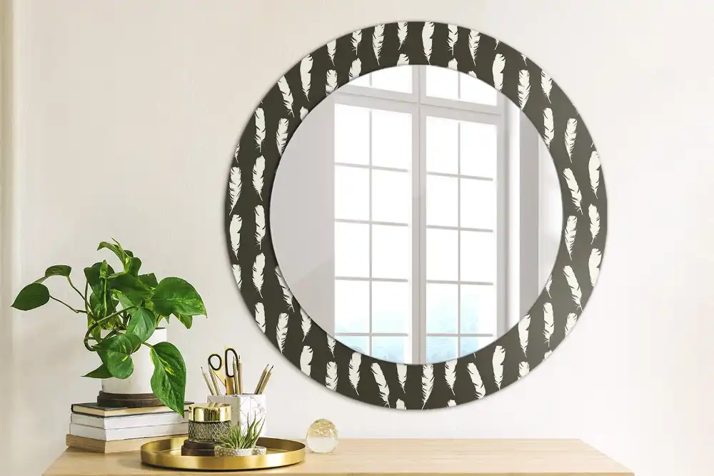 Miroir rond cadre avec impression plumes noires et blanches