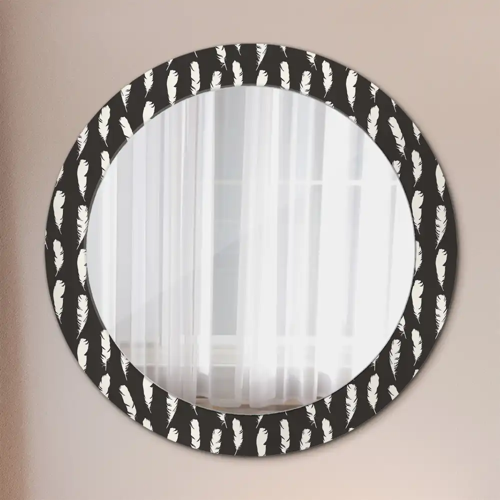 Miroir rond cadre avec impression plumes noires et blanches