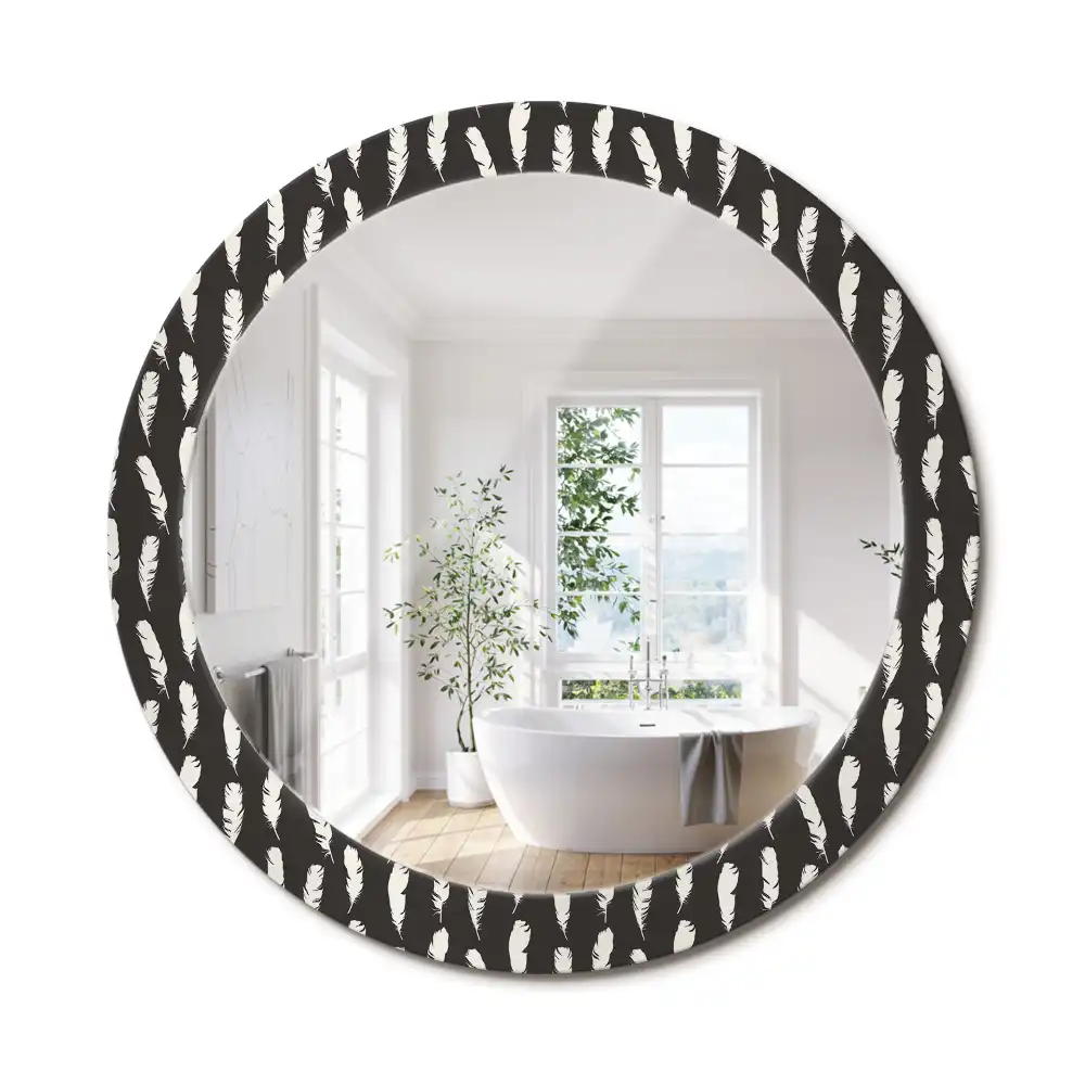 Miroir rond cadre avec impression plumes noires et blanches