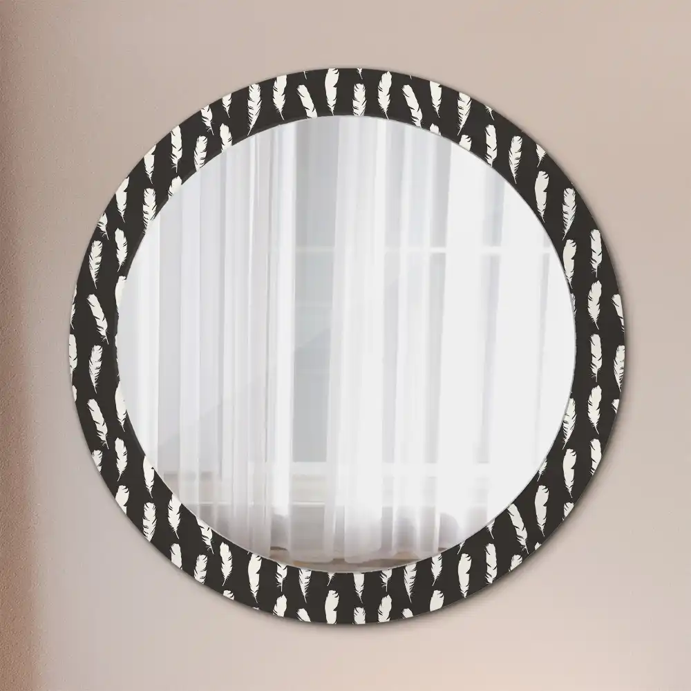 Miroir rond cadre avec impression plumes noires et blanches