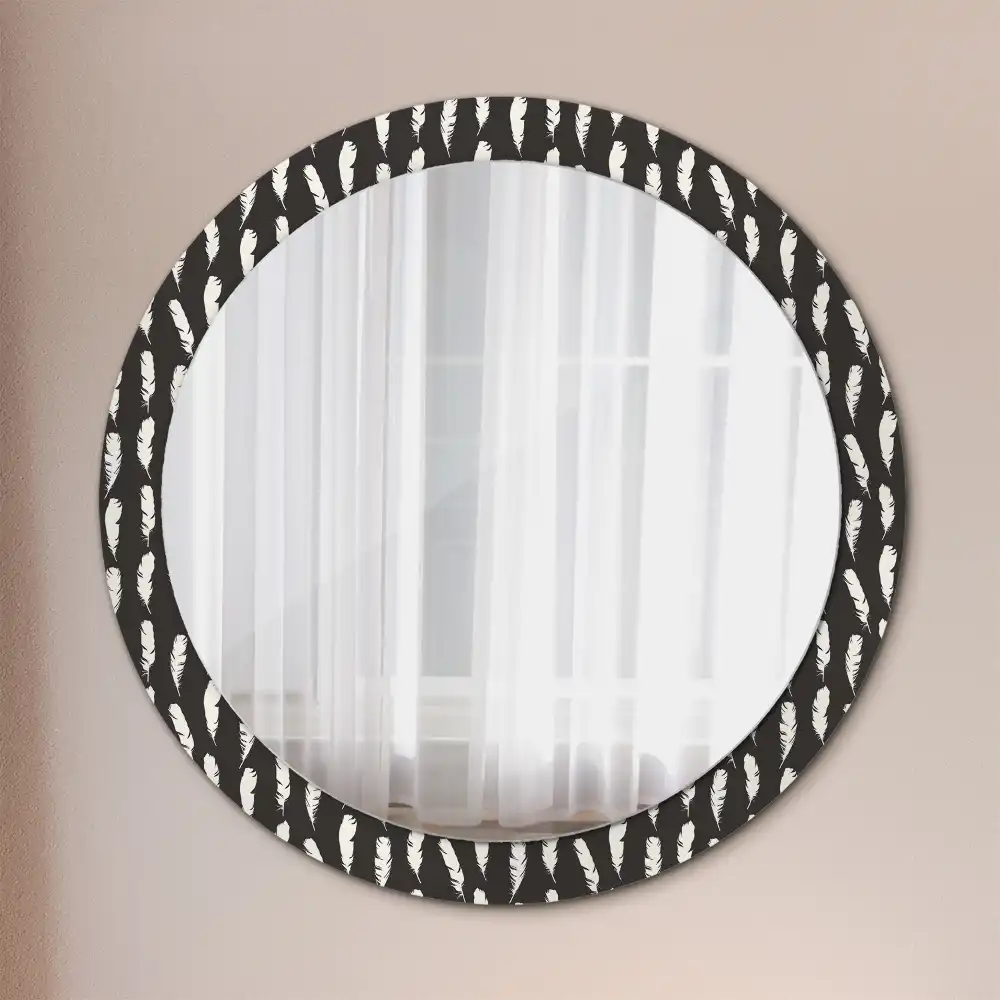 Miroir rond cadre avec impression plumes noires et blanches
