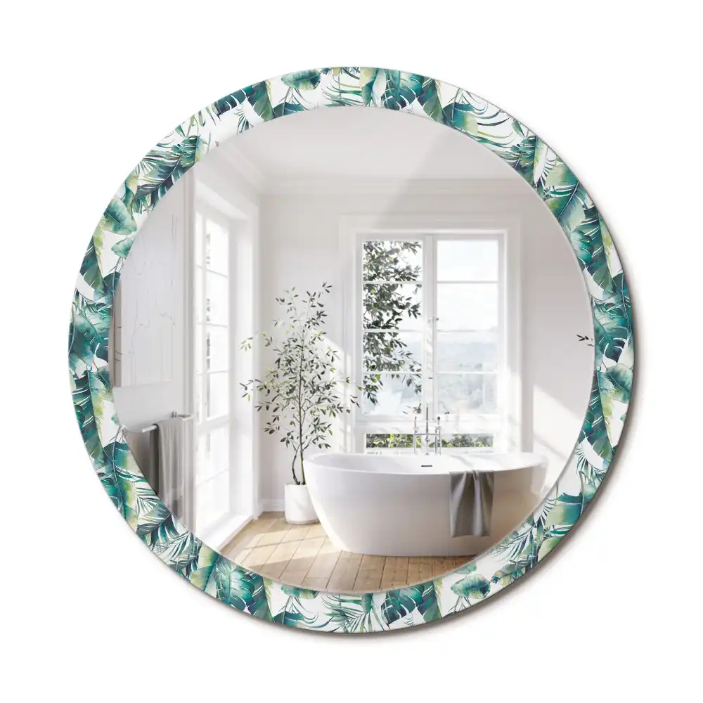 Miroir rond cadre avec impression plumes noires et blanches