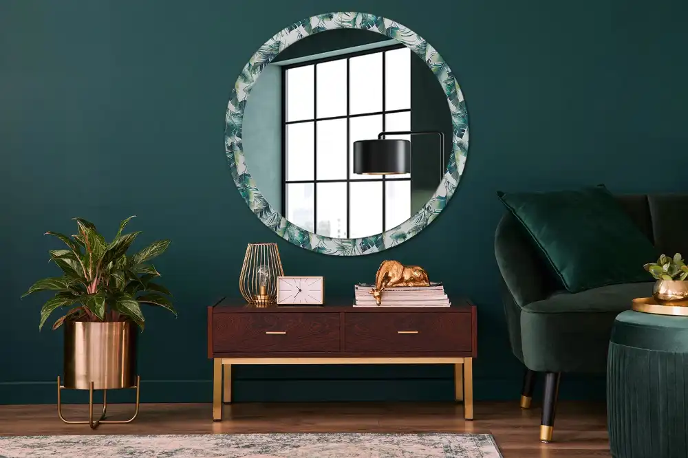 Miroir rond cadre avec impression plumes noires et blanches