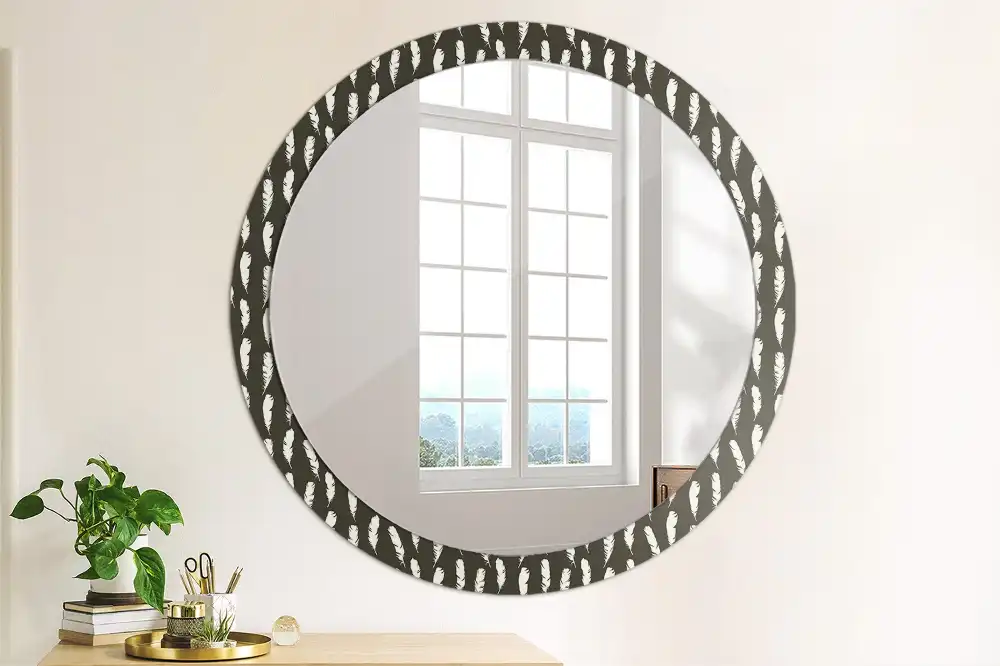 Miroir rond cadre avec impression plumes noires et blanches