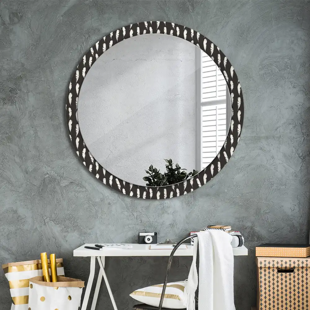 Miroir rond cadre avec impression plumes noires et blanches
