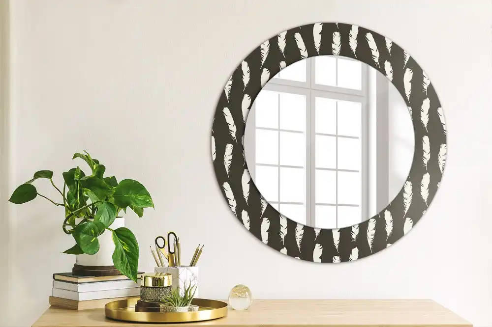 Miroir rond cadre avec impression plumes noires et blanches