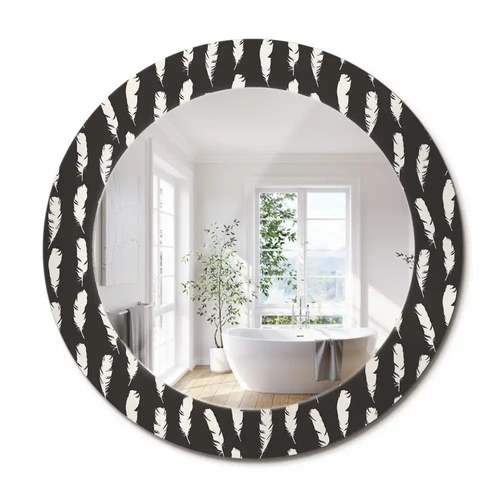 Miroir rond cadre avec impression plumes noires et blanches