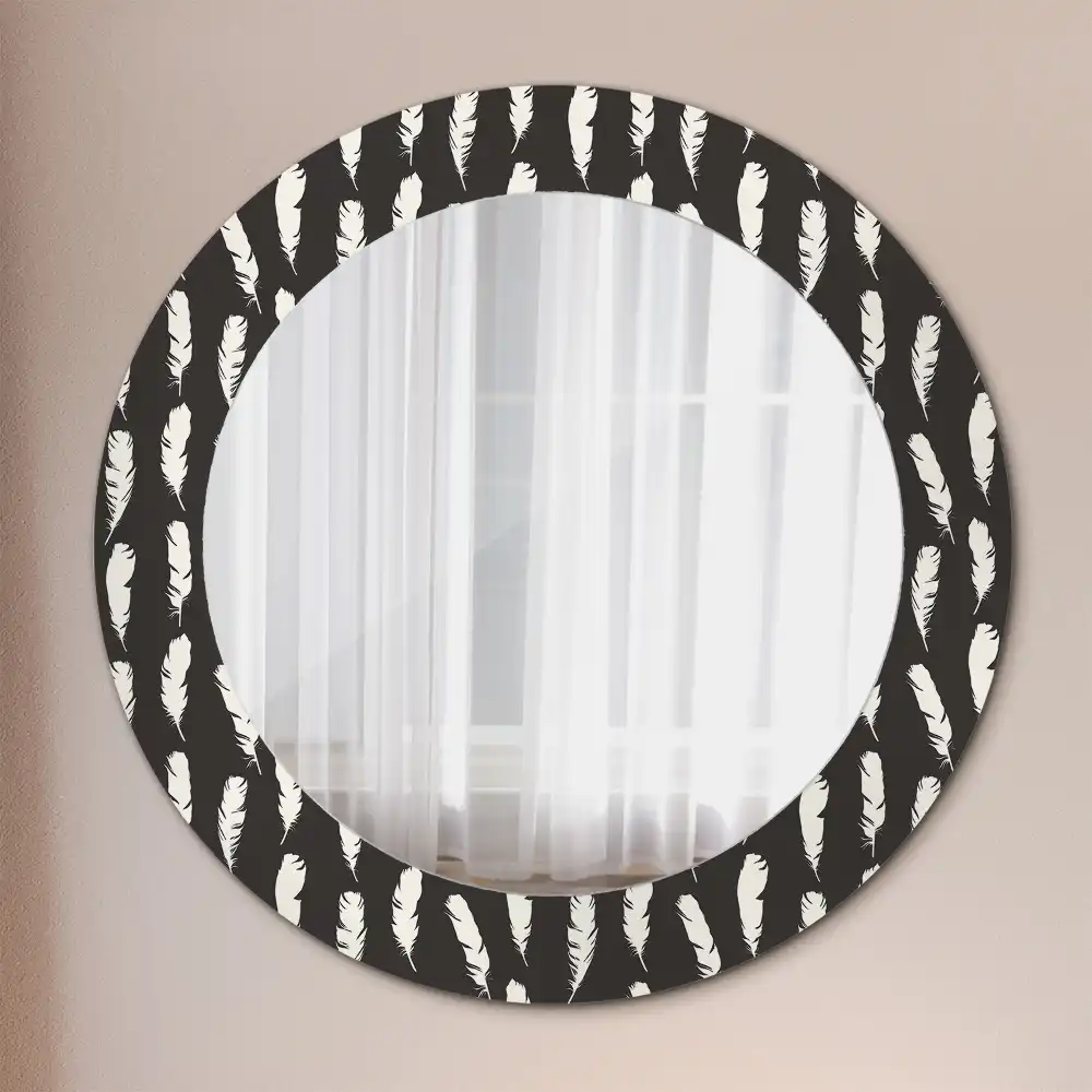 Miroir rond cadre avec impression plumes noires et blanches