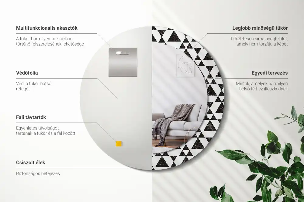 Miroir rond cadre imprimé géométrie triangulaire