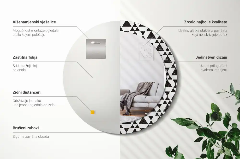 Miroir rond cadre imprimé géométrie triangulaire