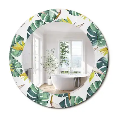 Miroir rond cadre imprimé feuilles tropicales