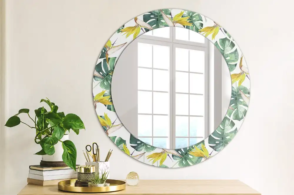 Miroir rond cadre imprimé feuilles tropicales