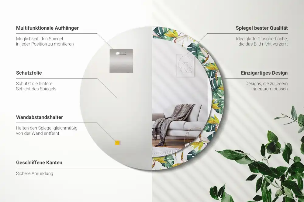 Miroir rond cadre imprimé feuilles tropicales