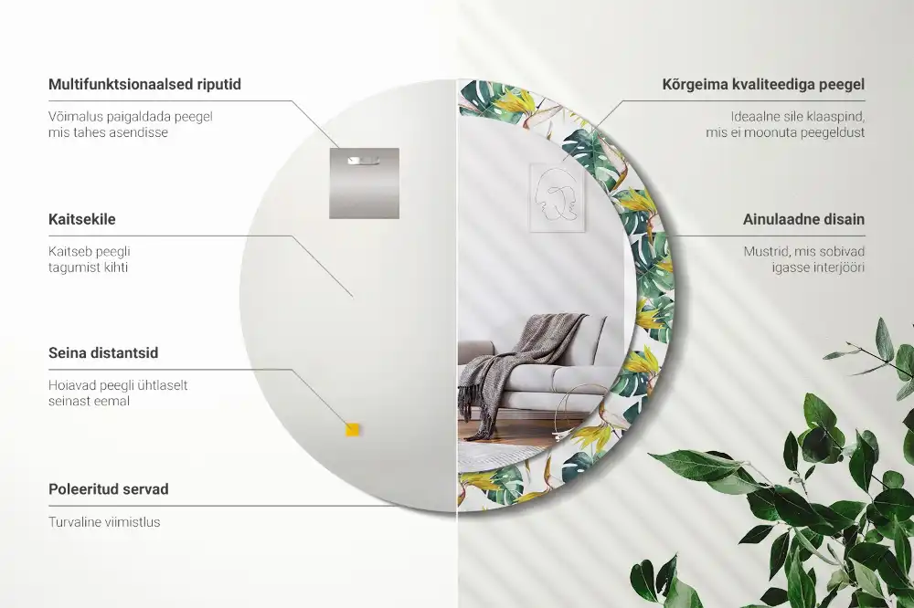 Miroir rond cadre imprimé feuilles tropicales