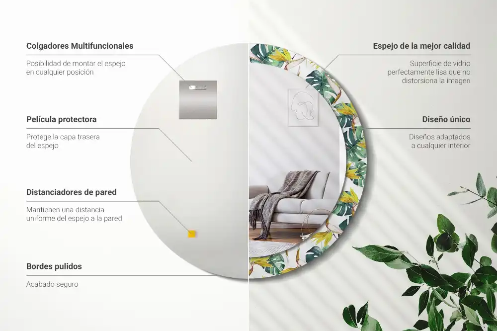 Miroir rond cadre imprimé feuilles tropicales