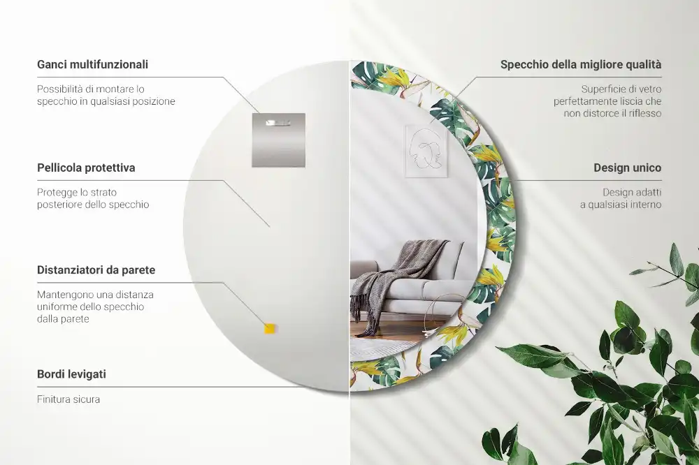 Miroir rond cadre imprimé feuilles tropicales