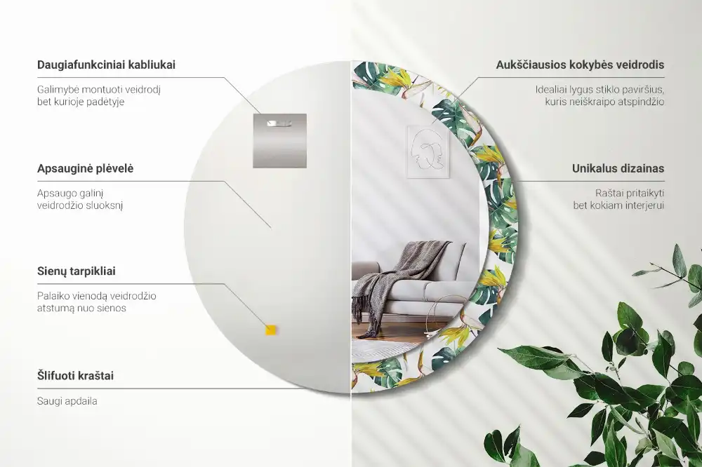 Miroir rond cadre imprimé feuilles tropicales