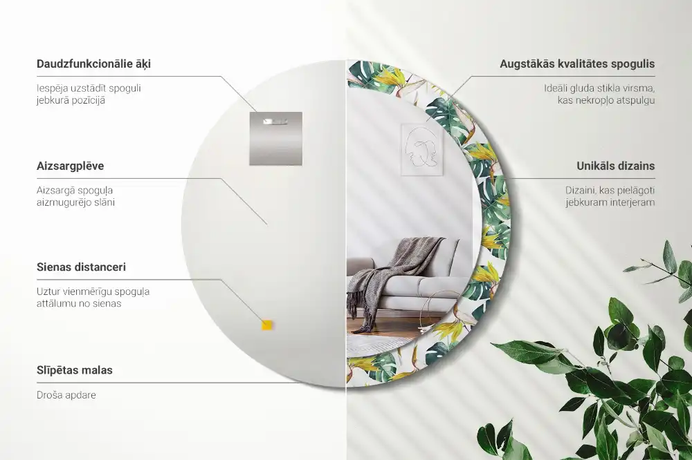 Miroir rond cadre imprimé feuilles tropicales
