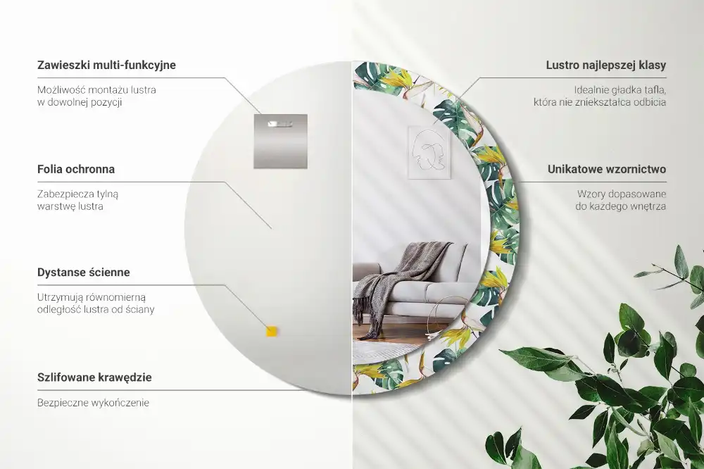 Miroir rond cadre imprimé feuilles tropicales