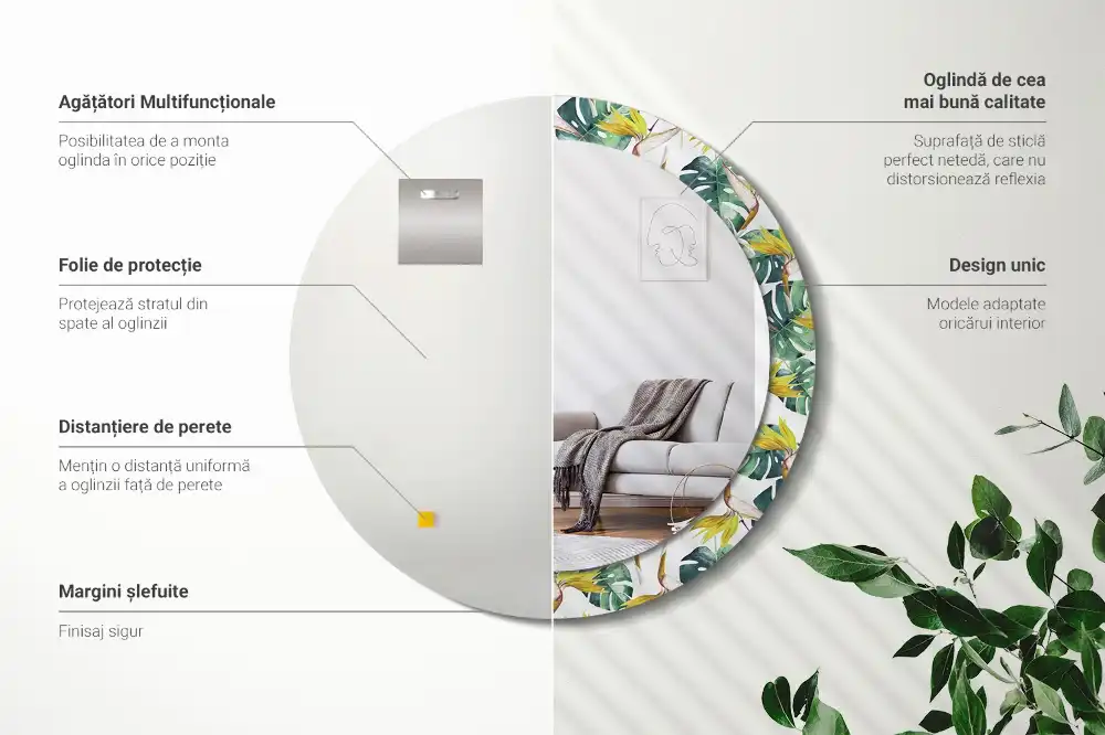 Miroir rond cadre imprimé feuilles tropicales