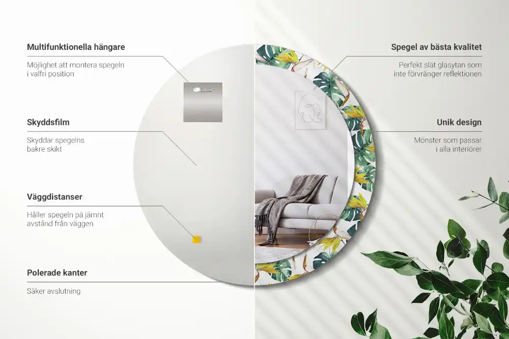Miroir rond cadre imprimé feuilles tropicales