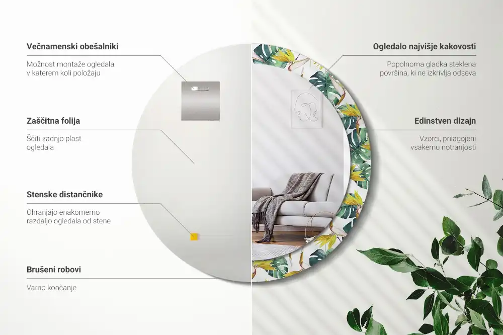 Miroir rond cadre imprimé feuilles tropicales