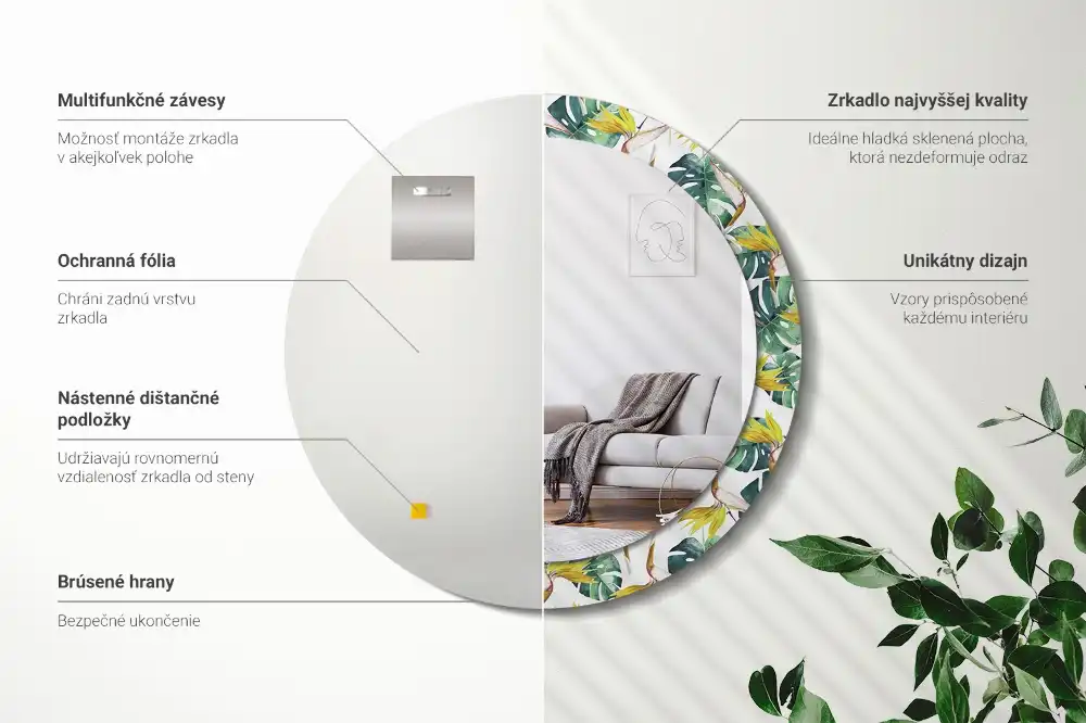 Miroir rond cadre imprimé feuilles tropicales
