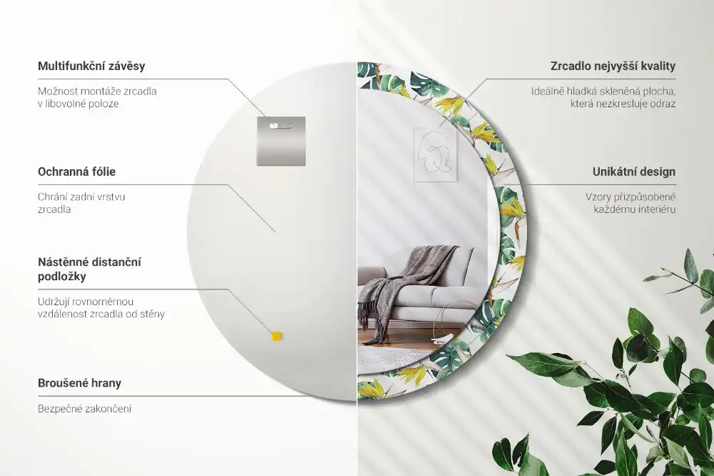 Miroir rond cadre imprimé feuilles tropicales