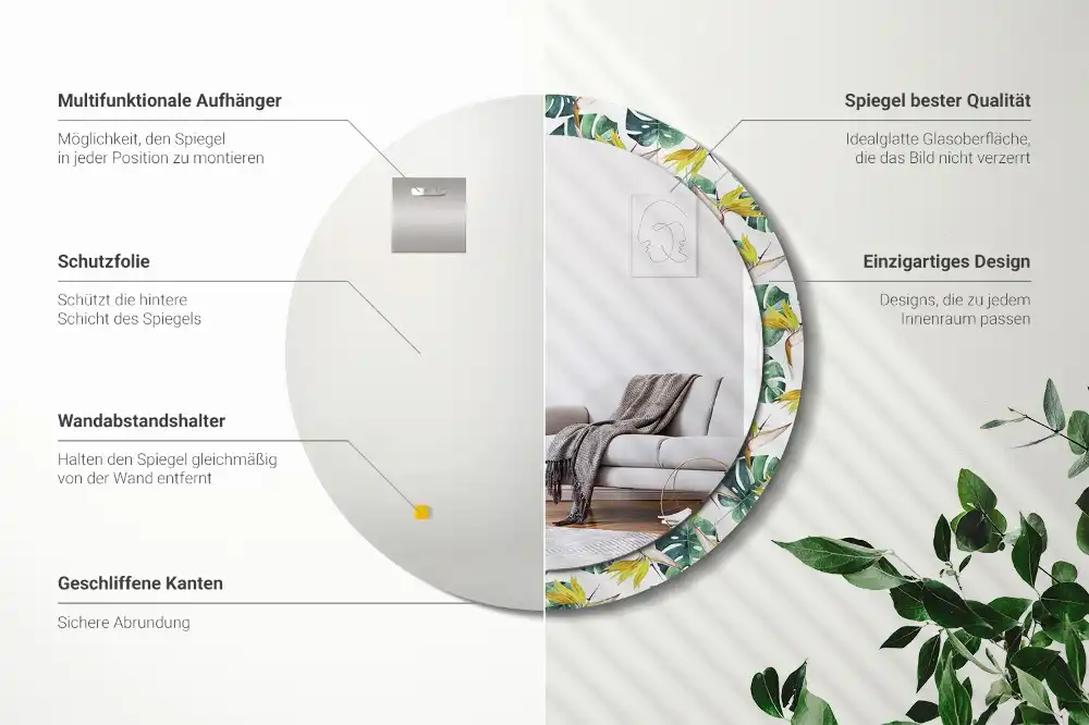 Miroir rond cadre imprimé feuilles tropicales