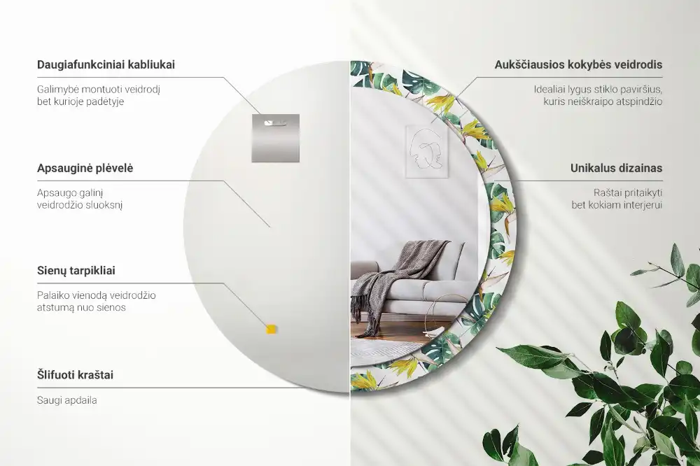 Miroir rond cadre imprimé feuilles tropicales
