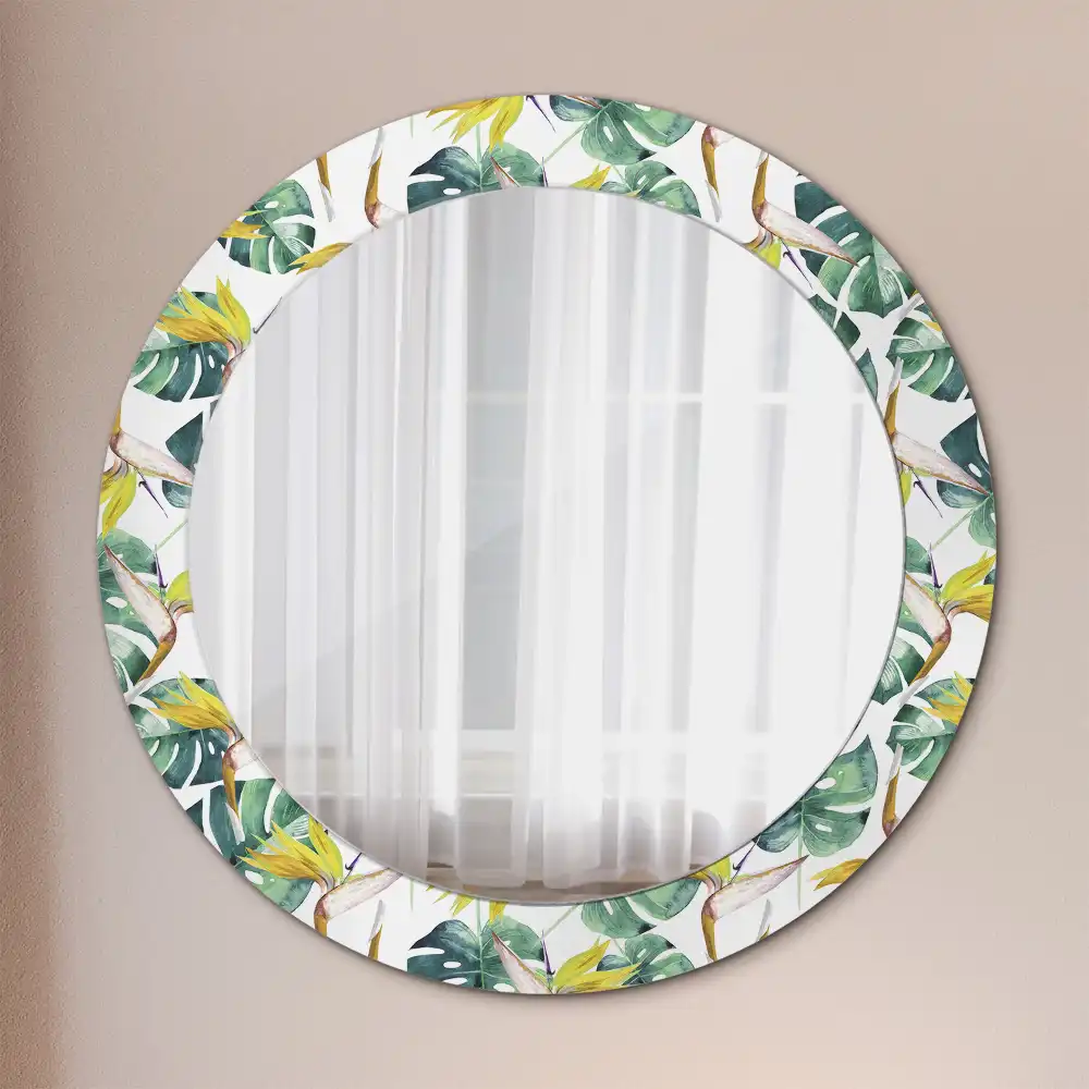 Miroir rond cadre imprimé feuilles tropicales