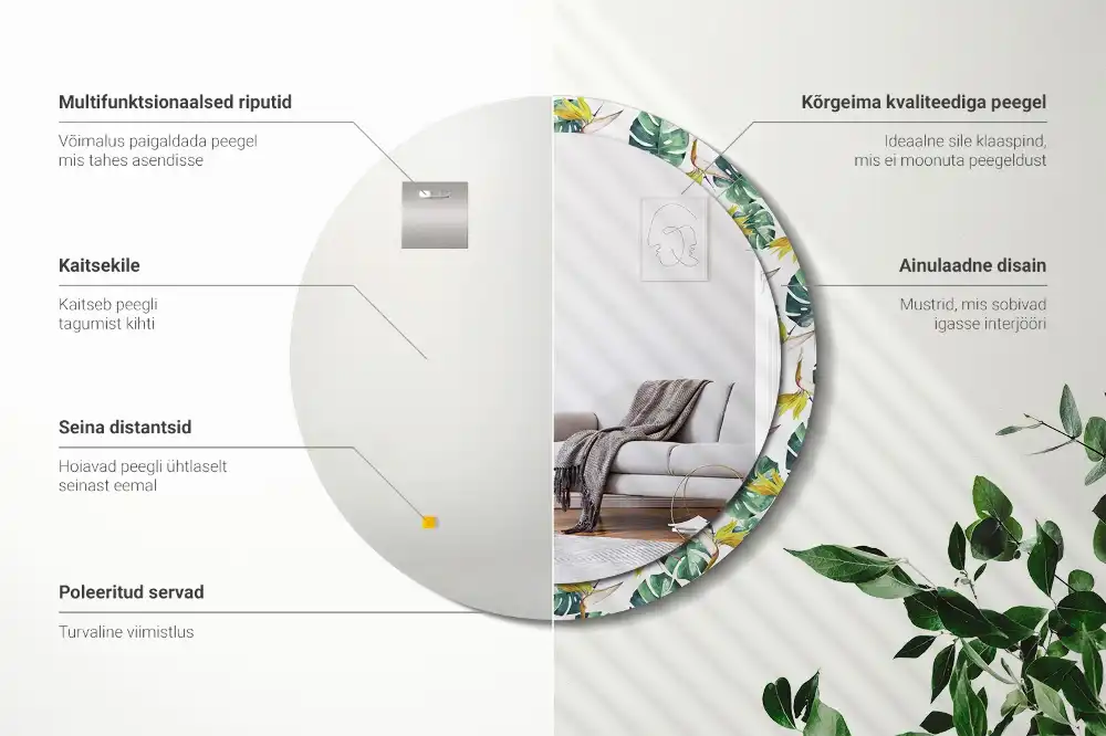 Miroir rond cadre imprimé feuilles tropicales