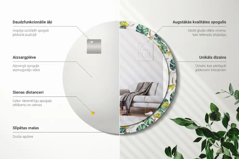 Miroir rond cadre imprimé feuilles tropicales