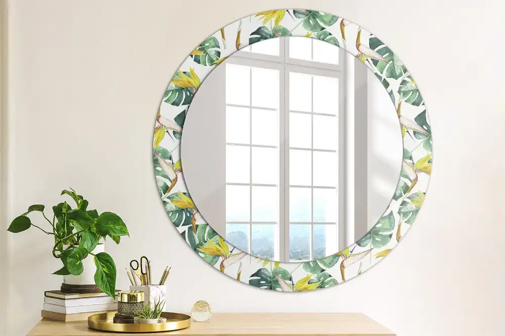 Miroir rond cadre imprimé feuilles tropicales