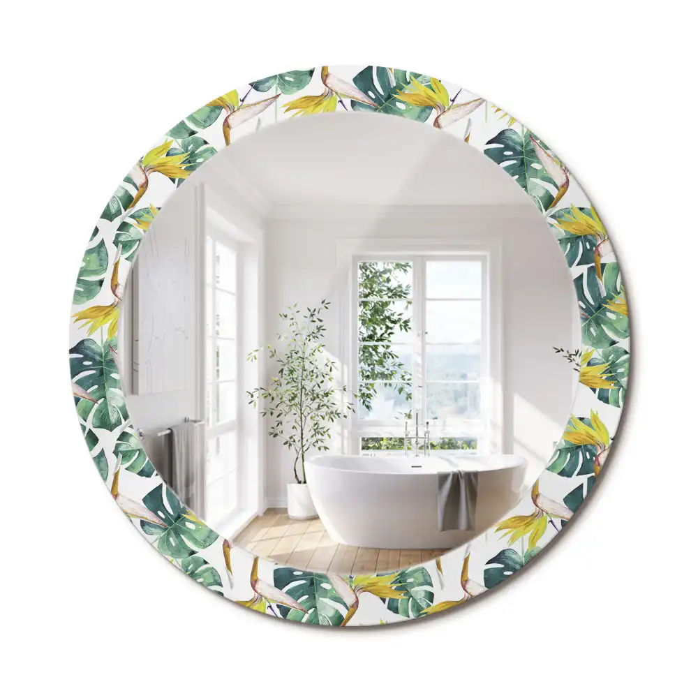 Miroir rond cadre imprimé feuilles tropicales