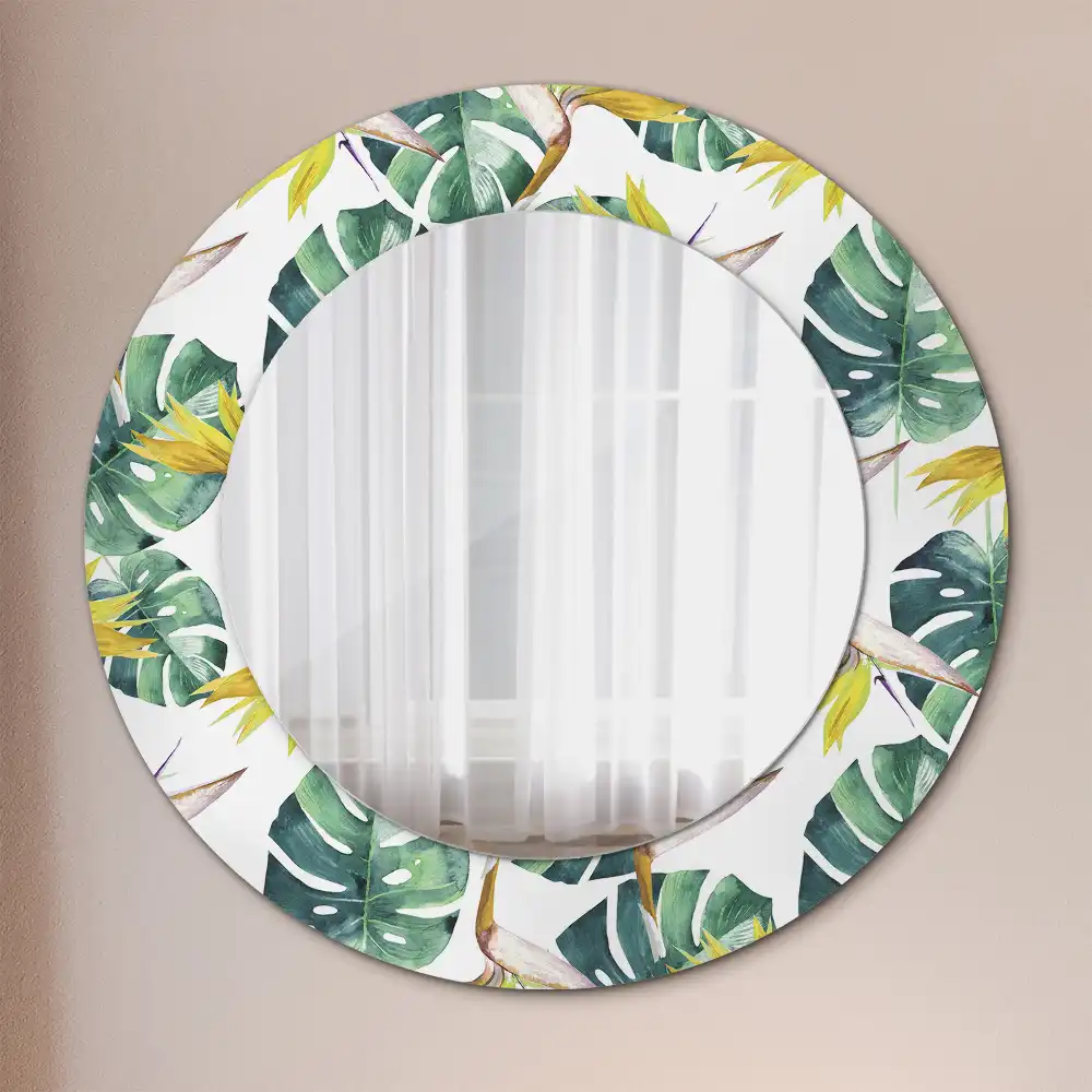 Miroir rond cadre imprimé feuilles tropicales