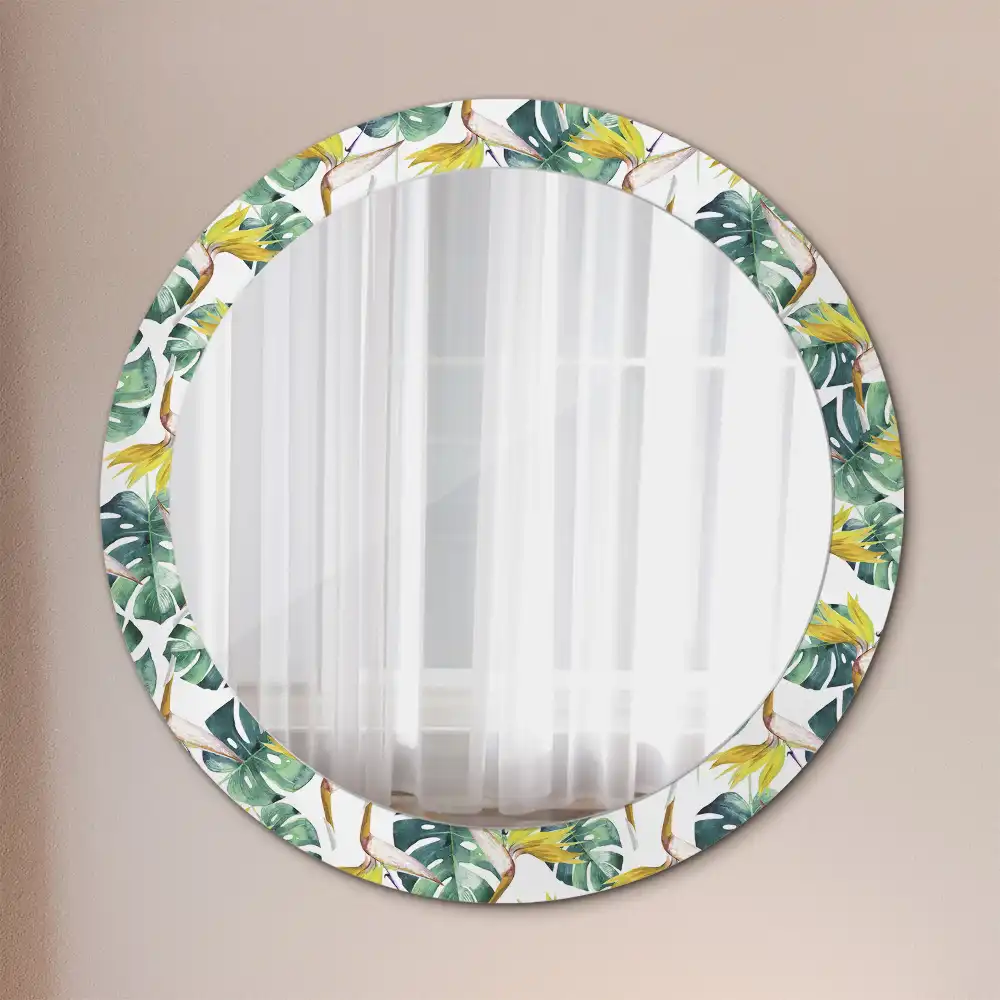 Miroir rond cadre imprimé feuilles tropicales