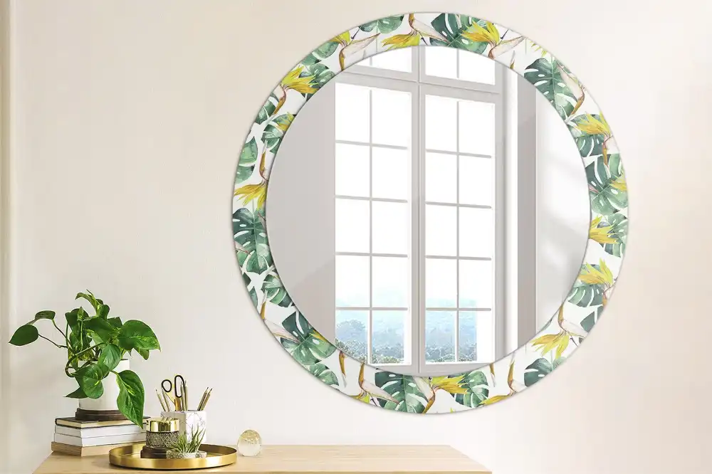 Miroir rond cadre imprimé feuilles tropicales