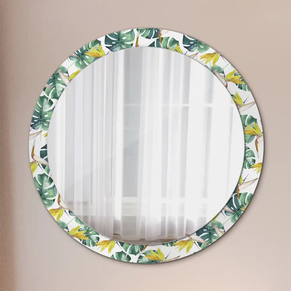 Miroir rond cadre imprimé feuilles tropicales