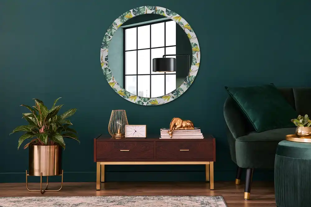 Miroir rond cadre imprimé feuilles tropicales