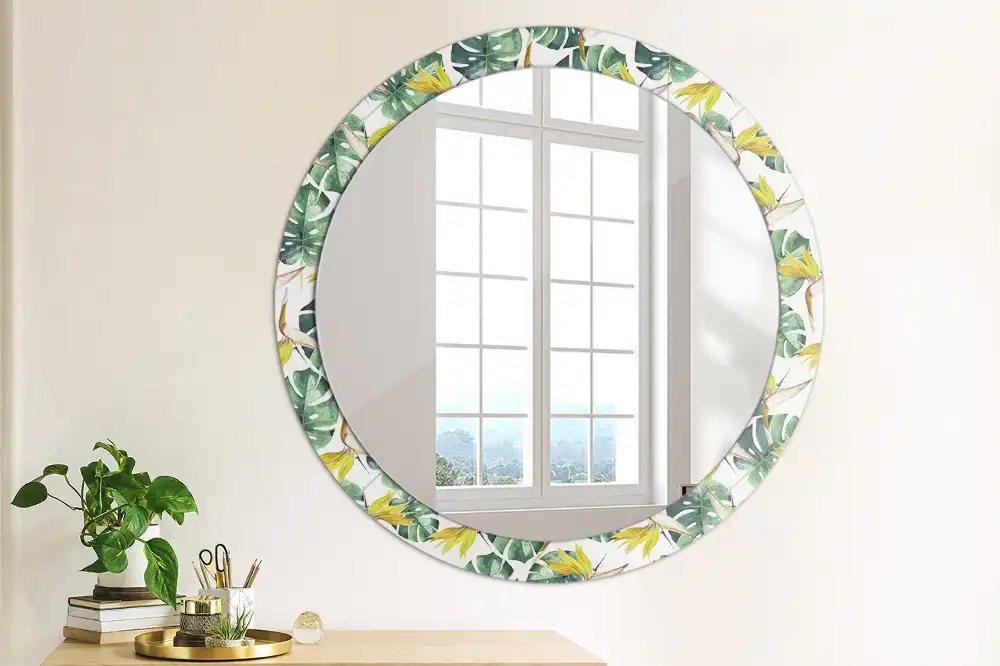 Miroir rond cadre imprimé feuilles tropicales