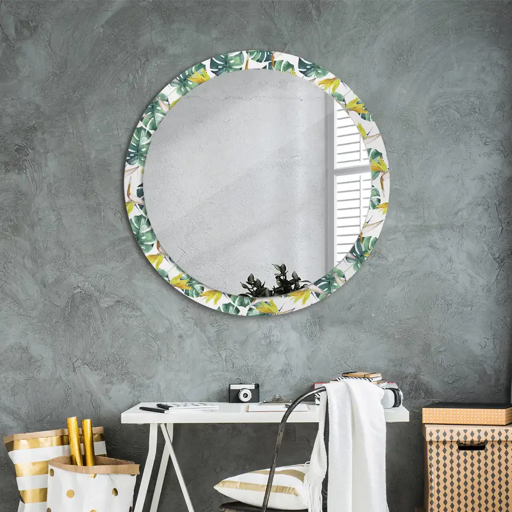 Miroir rond cadre imprimé feuilles tropicales