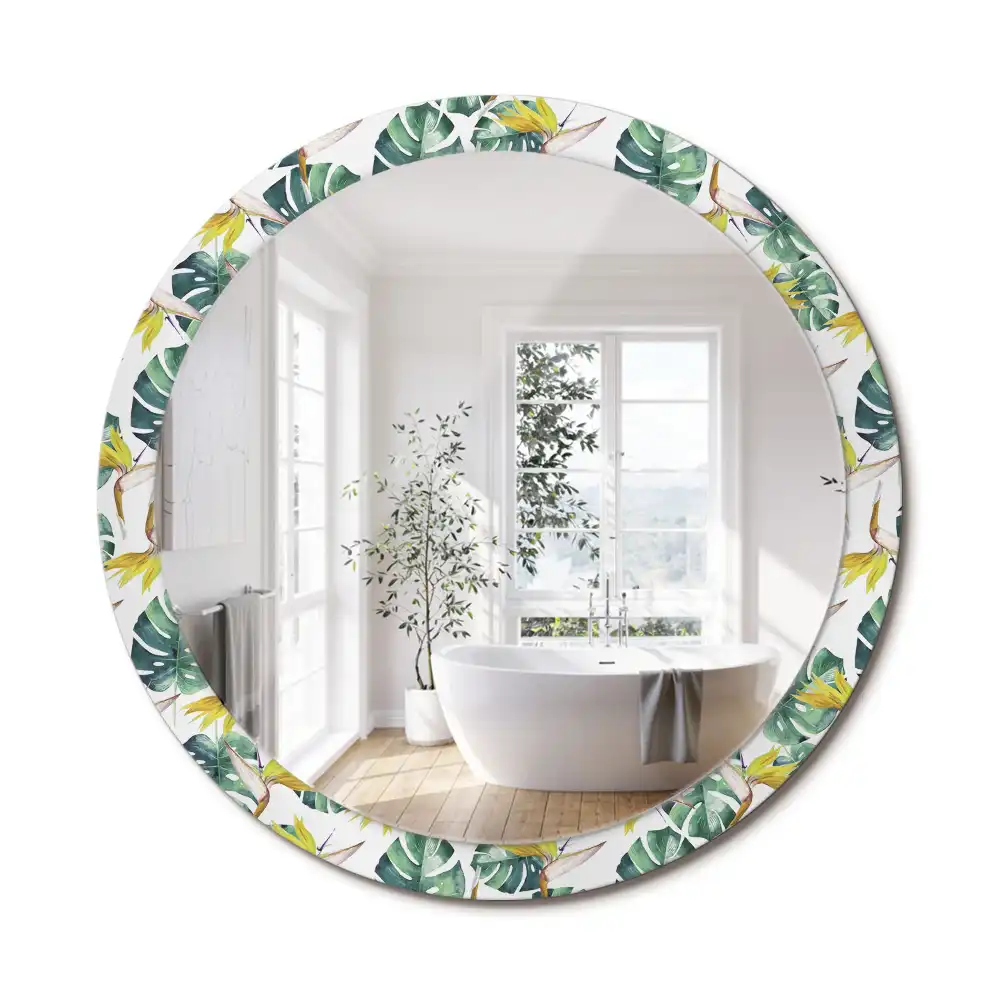 Miroir rond cadre imprimé feuilles tropicales
