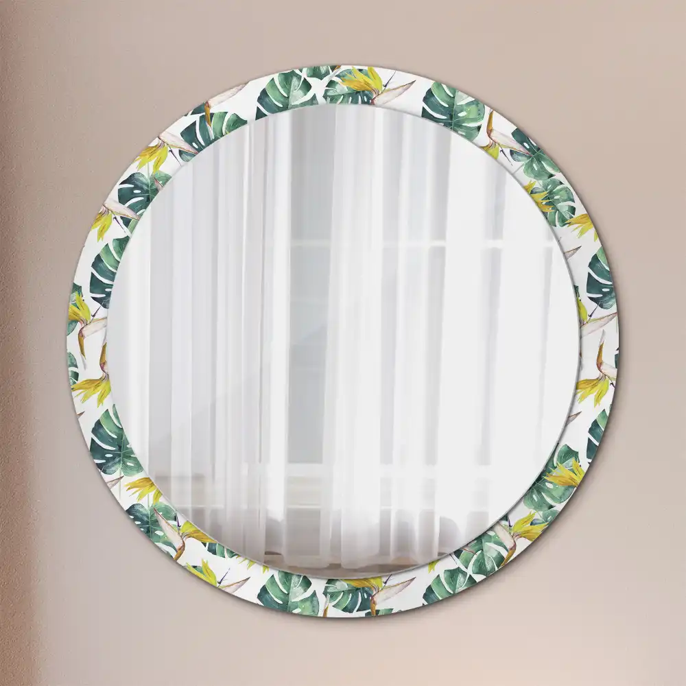 Miroir rond cadre imprimé feuilles tropicales