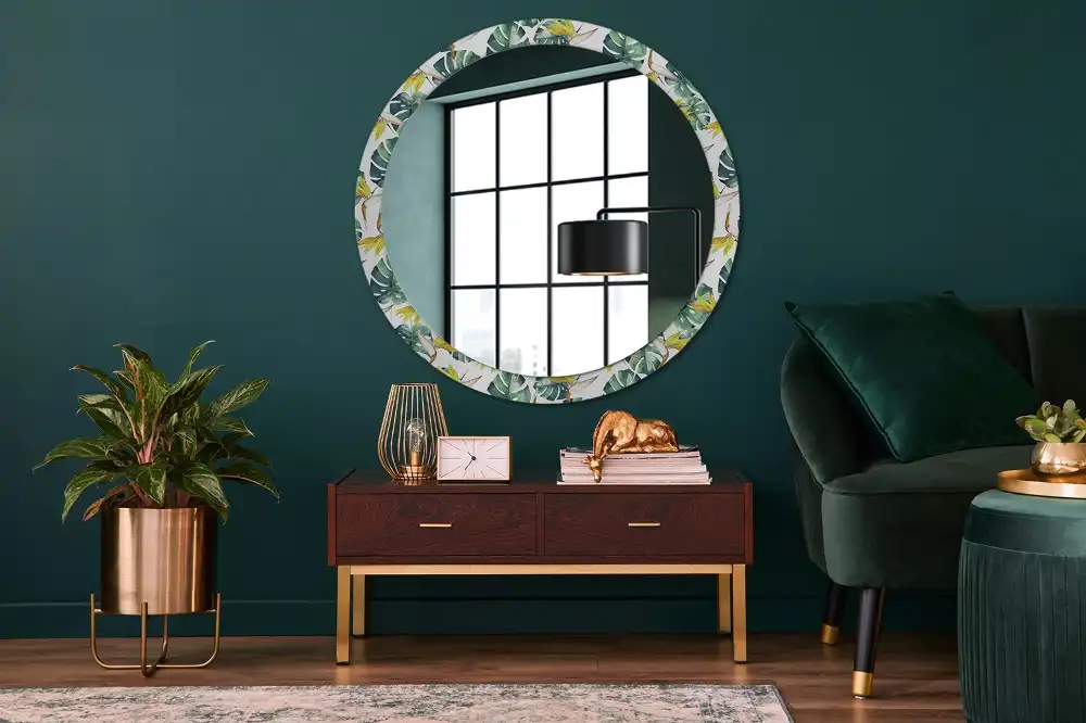Miroir rond cadre imprimé feuilles tropicales