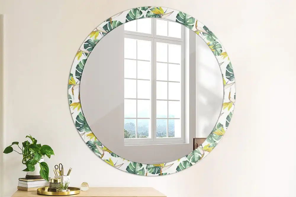 Miroir rond cadre imprimé feuilles tropicales